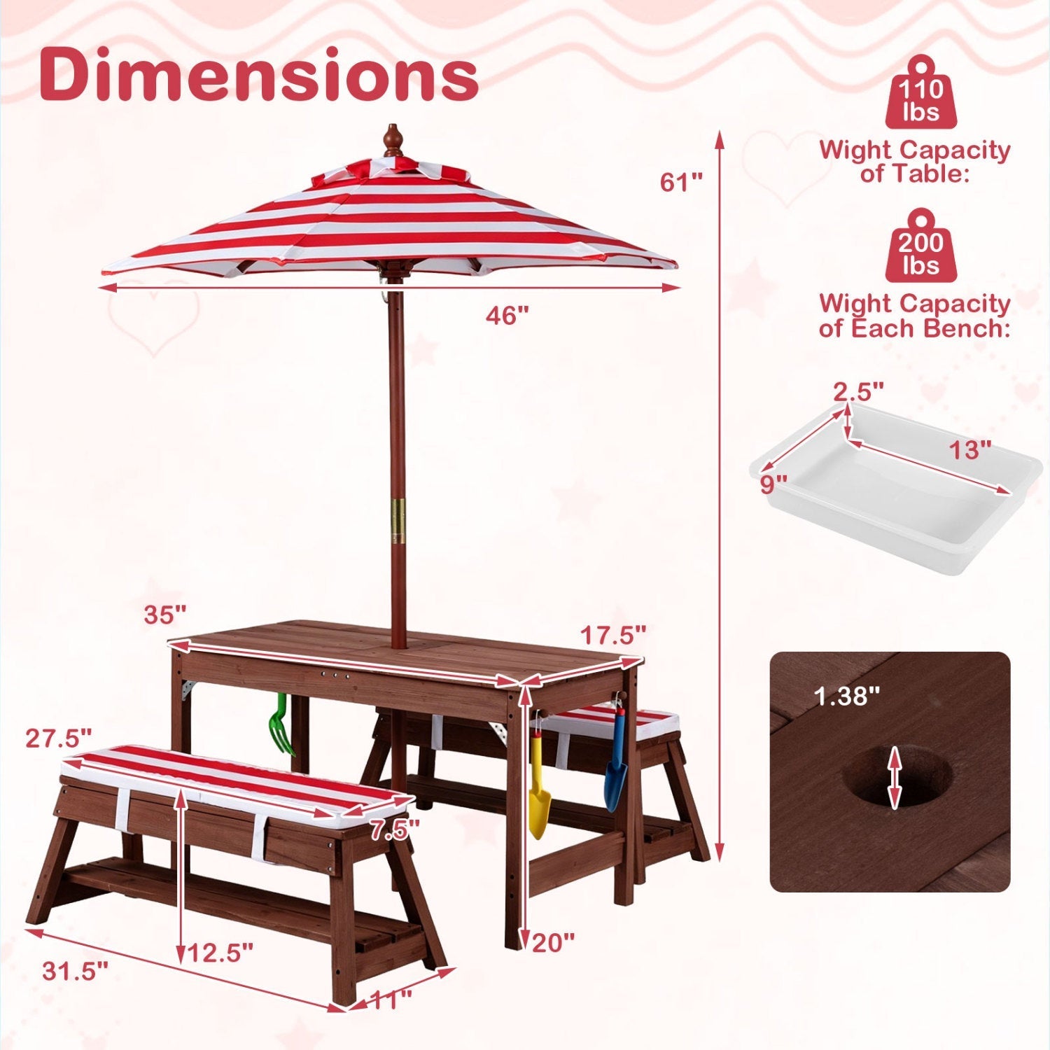 Kids Wooden Picnic Table Set with Umbrella and Sand Boxes