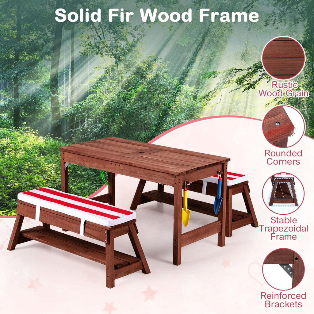 Kids Wooden Picnic Table Set with Umbrella and Sand Boxes