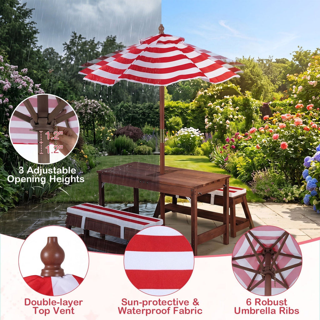 Kids Wooden Picnic Table Set with Umbrella and Sand Boxes