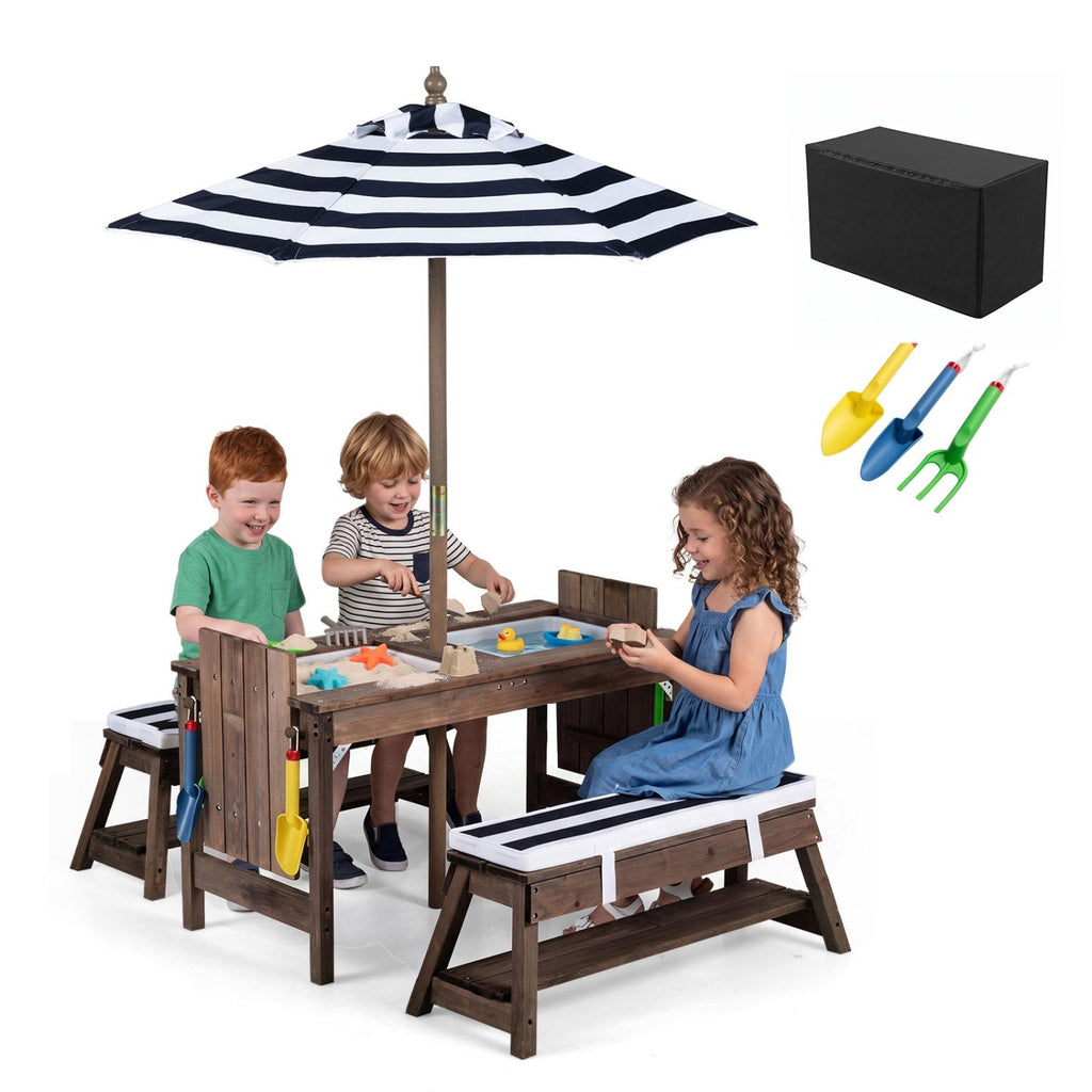 Kids Wooden Picnic Table Set with Umbrella and Sand Boxes