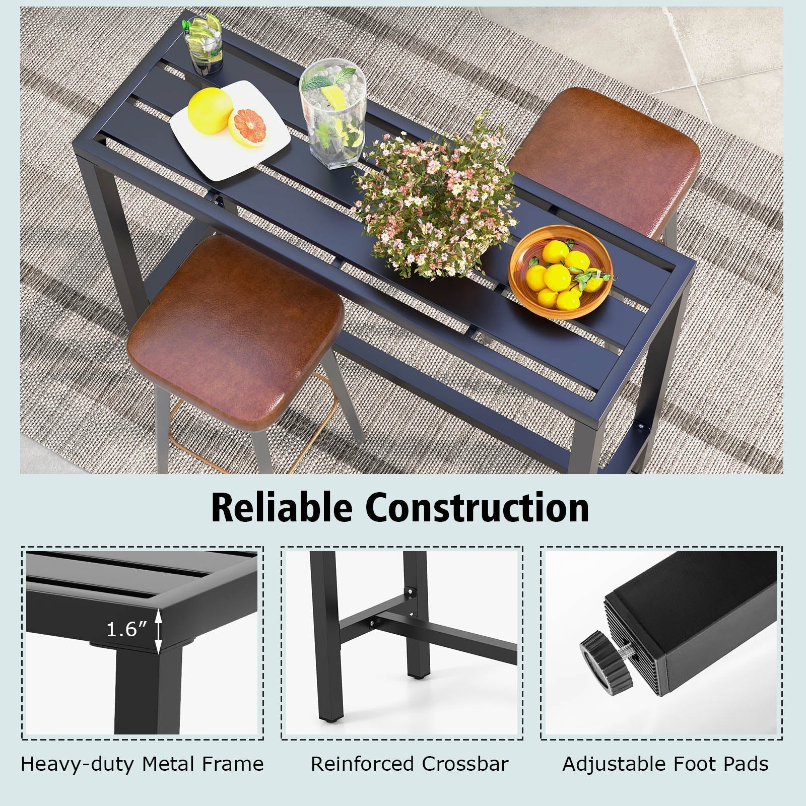 48/55 Inch Outdoor Bar Table with Waterproof Top and Heavy-duty Metal Frame