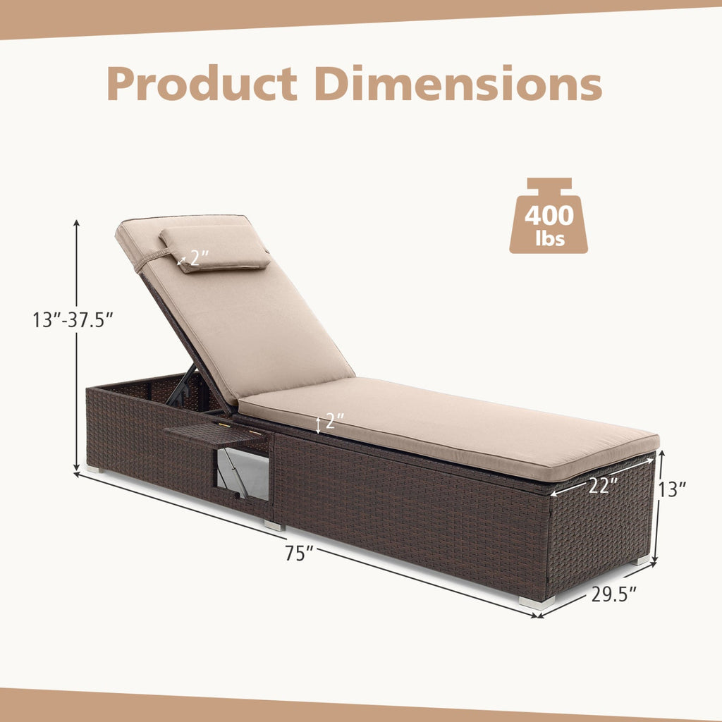 Outdoor PE Rattan Chaise Lounge with 6-Position Adjustable Backrest and Foldable Side Table