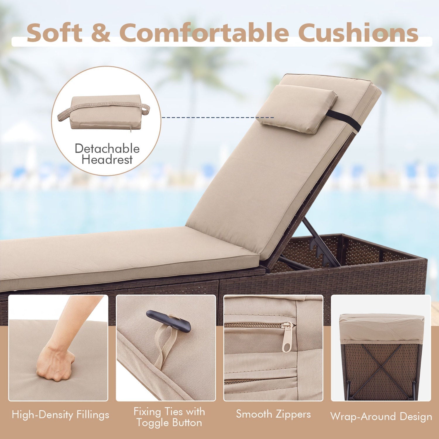 Outdoor PE Rattan Chaise Lounge with 6-Position Adjustable Backrest and Foldable Side Table