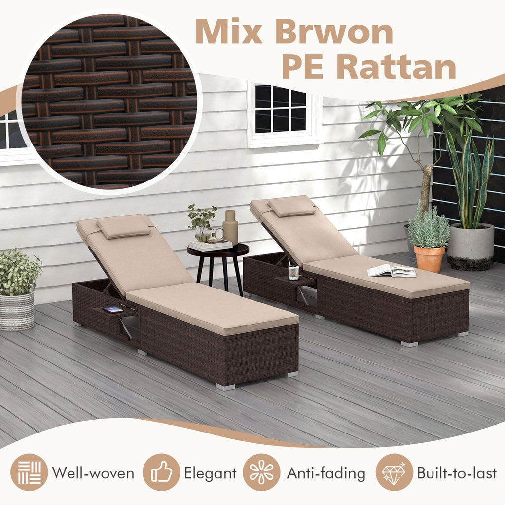 Outdoor PE Rattan Chaise Lounge with 6-Position Adjustable Backrest and Foldable Side Table