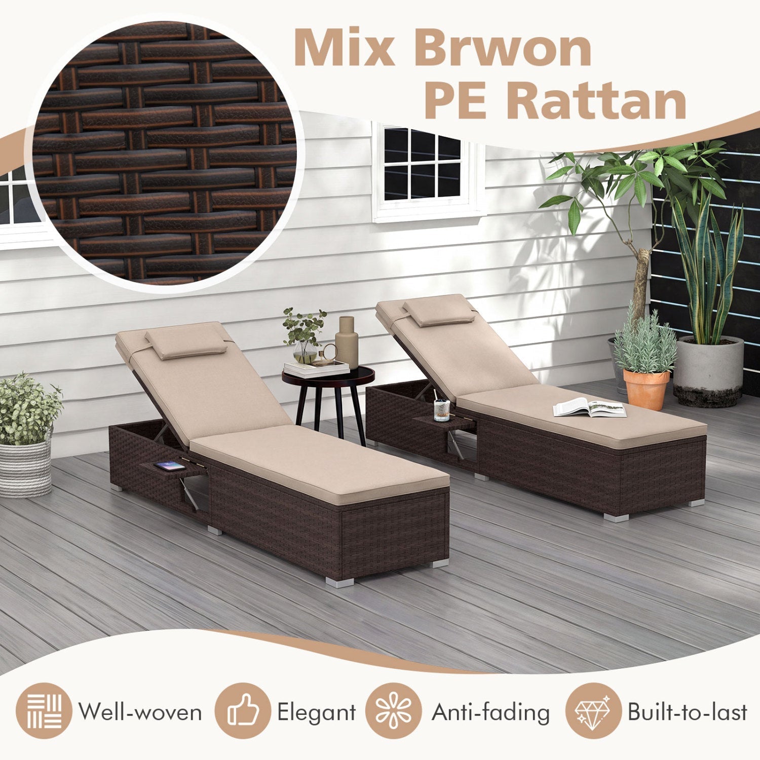Outdoor PE Rattan Chaise Lounge with 6-Position Adjustable Backrest and Foldable Side Table