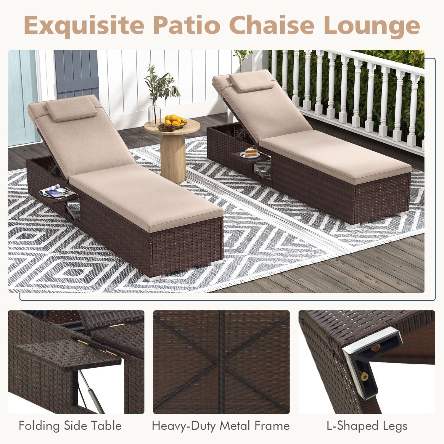 Outdoor PE Rattan Chaise Lounge with 6-Position Adjustable Backrest and Foldable Side Table