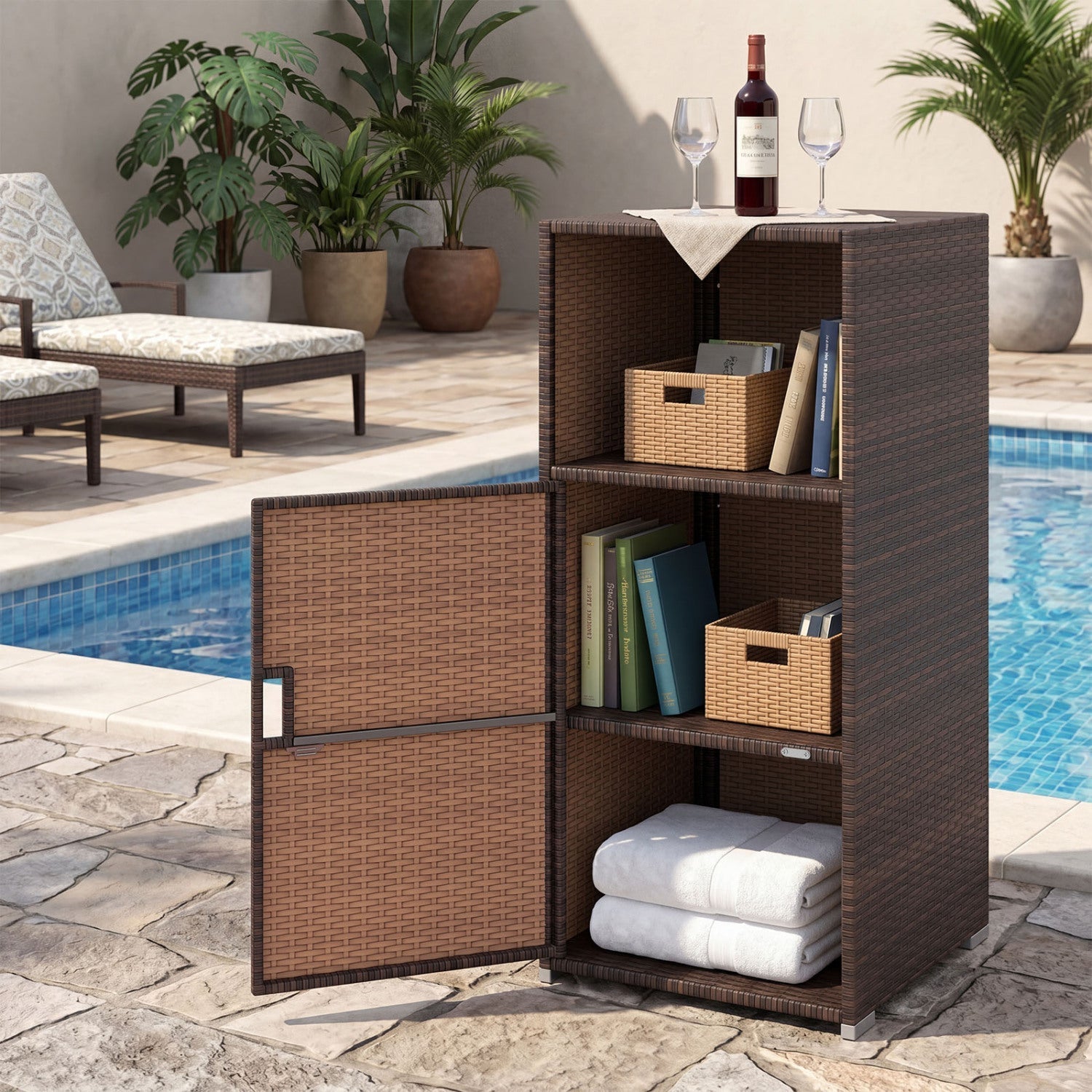 PE Wicker Storage Cabinet with Door and Open Shelf