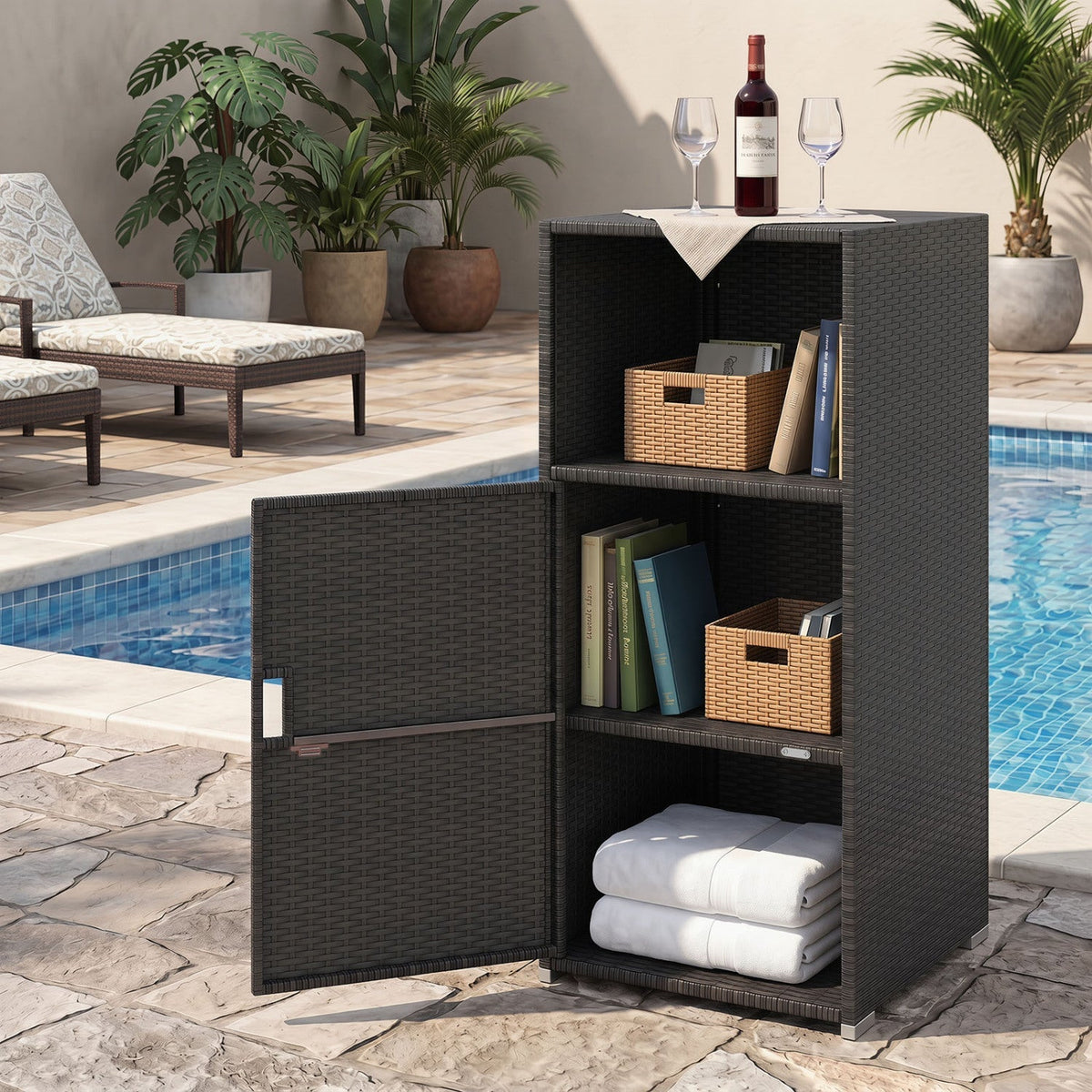 PE Wicker Storage Cabinet with Door and Open Shelf