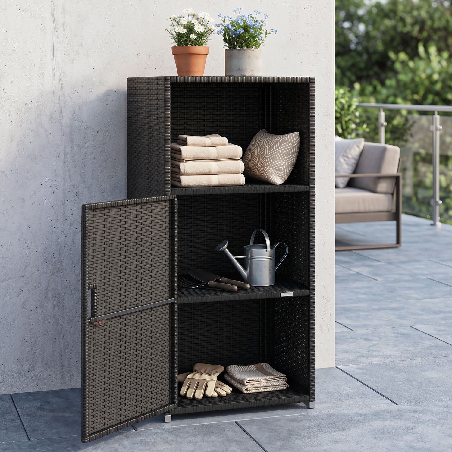 PE Wicker Storage Cabinet with Door and Open Shelf