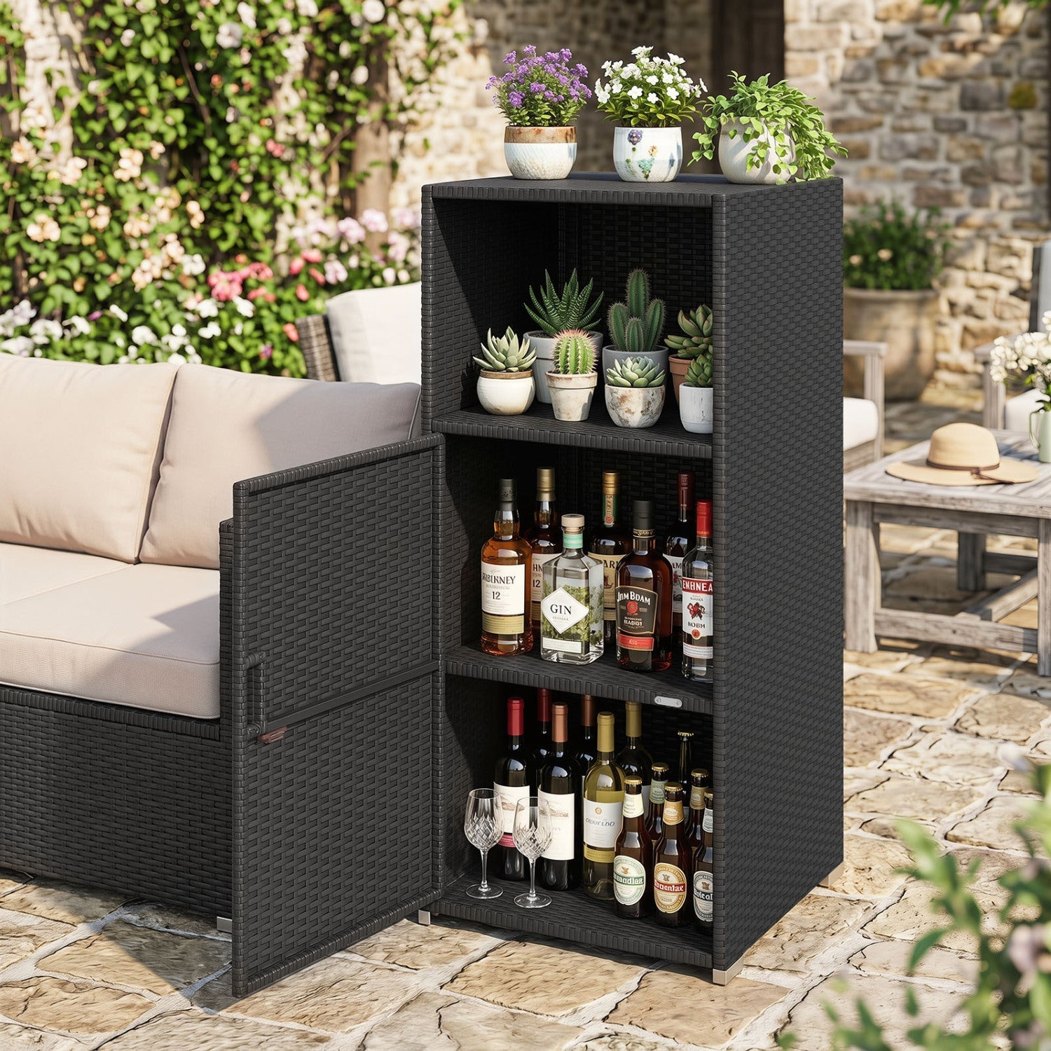 PE Wicker Storage Cabinet with Door and Open Shelf