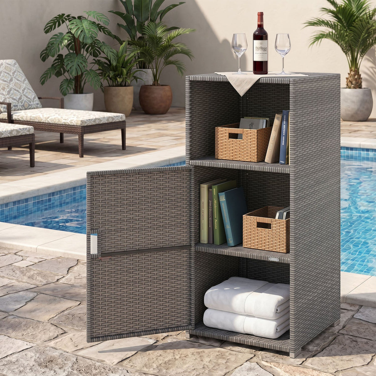 PE Wicker Storage Cabinet with Door and Open Shelf