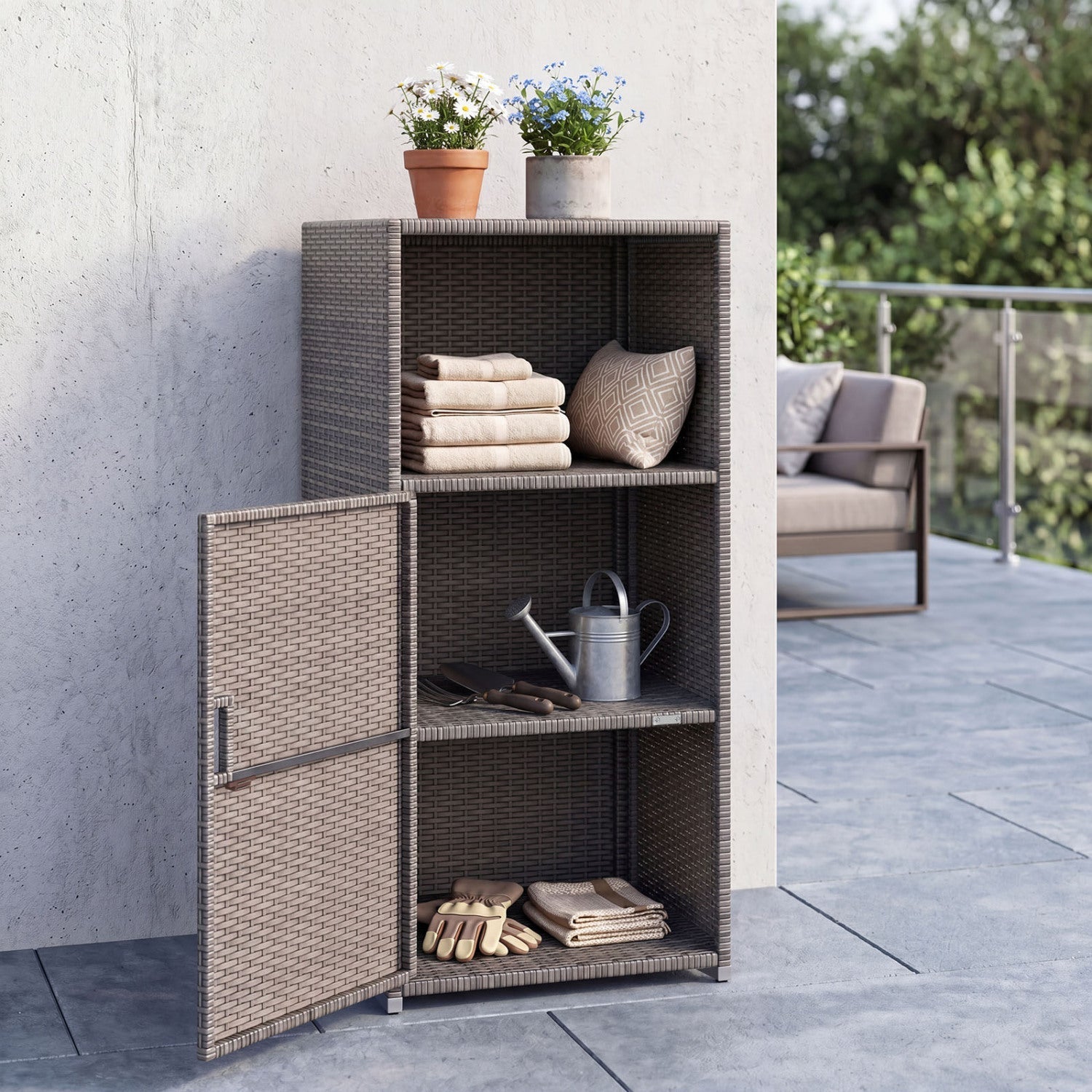 PE Wicker Storage Cabinet with Door and Open Shelf