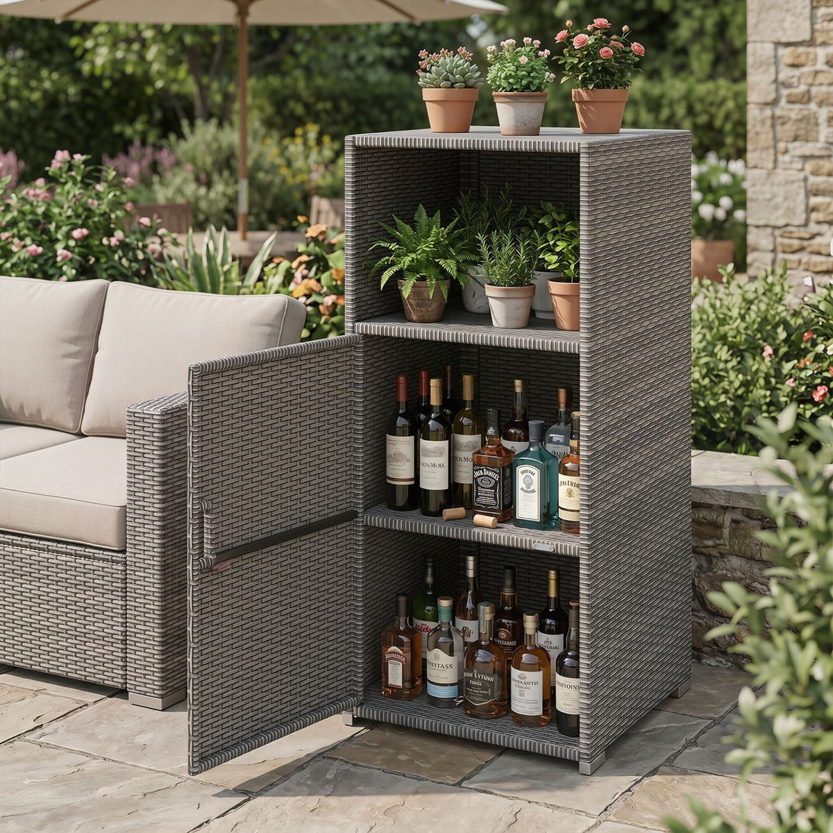 PE Wicker Storage Cabinet with Door and Open Shelf