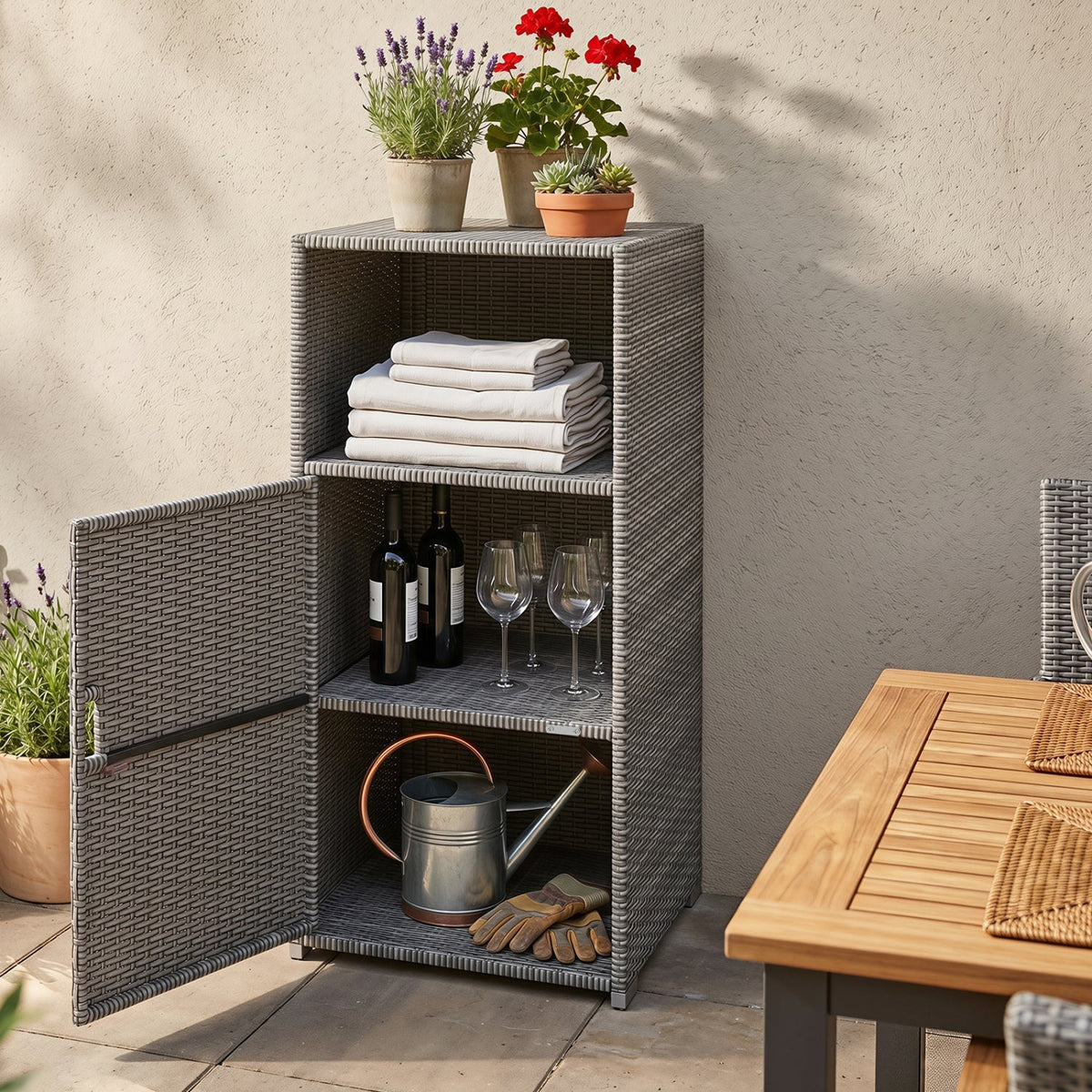 PE Wicker Storage Cabinet with Door and Open Shelf