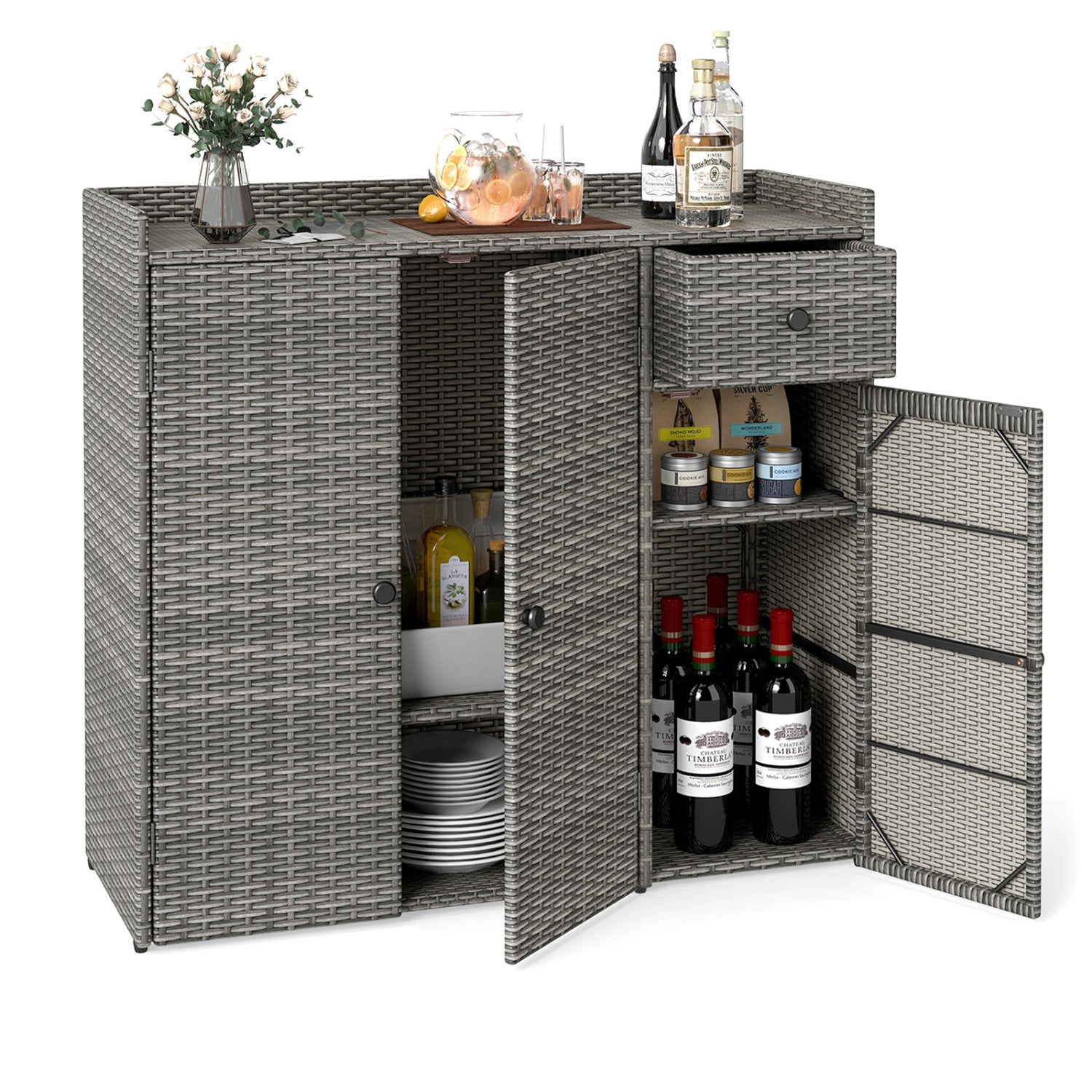 Outdoor Storage Cabinet with 3 Doors and Adjustable Shelves