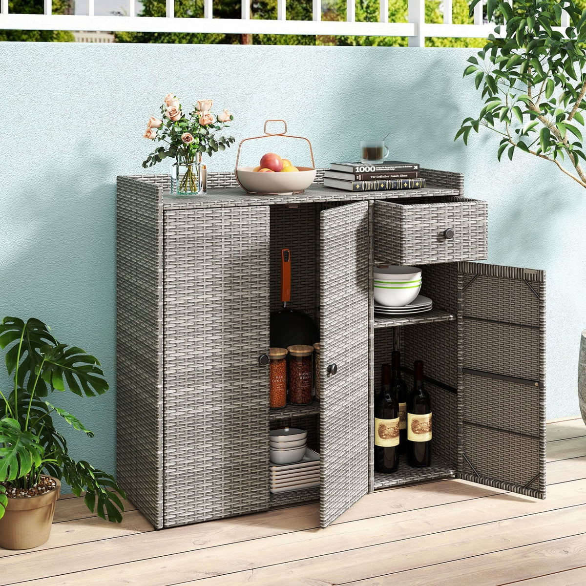 Outdoor Storage Cabinet with 3 Doors and Adjustable Shelves
