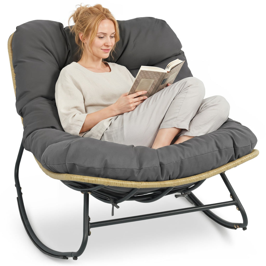 Papasan Rocking Chair with Cushioned Seat for Patio - Gray