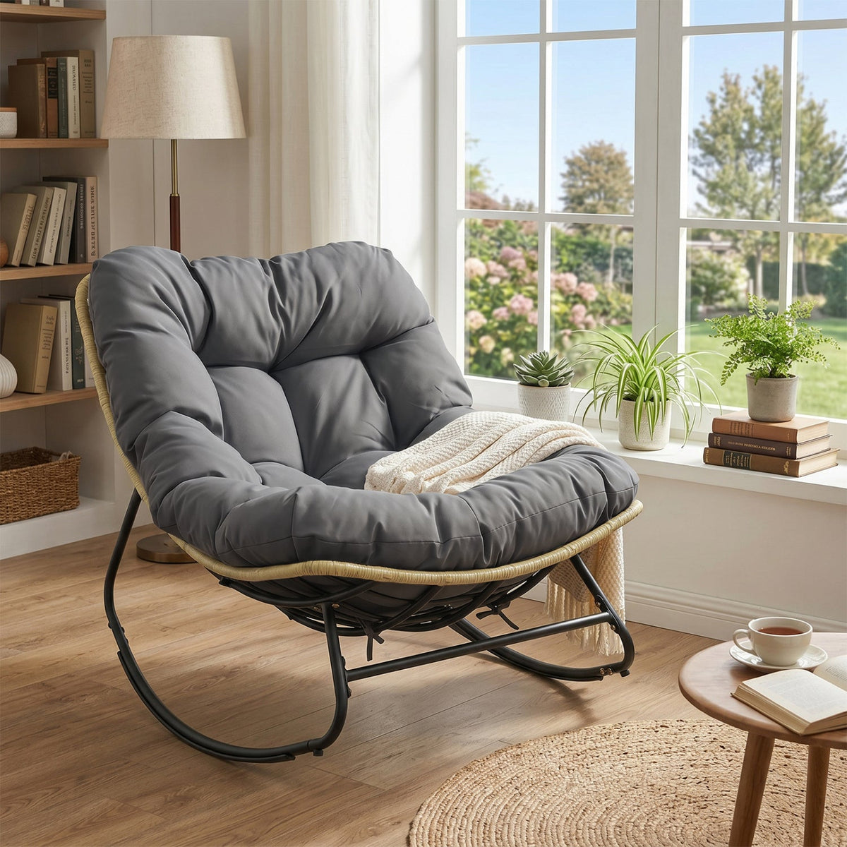 Papasan Rocking Chair with Cushioned Seat for Patio - Gray