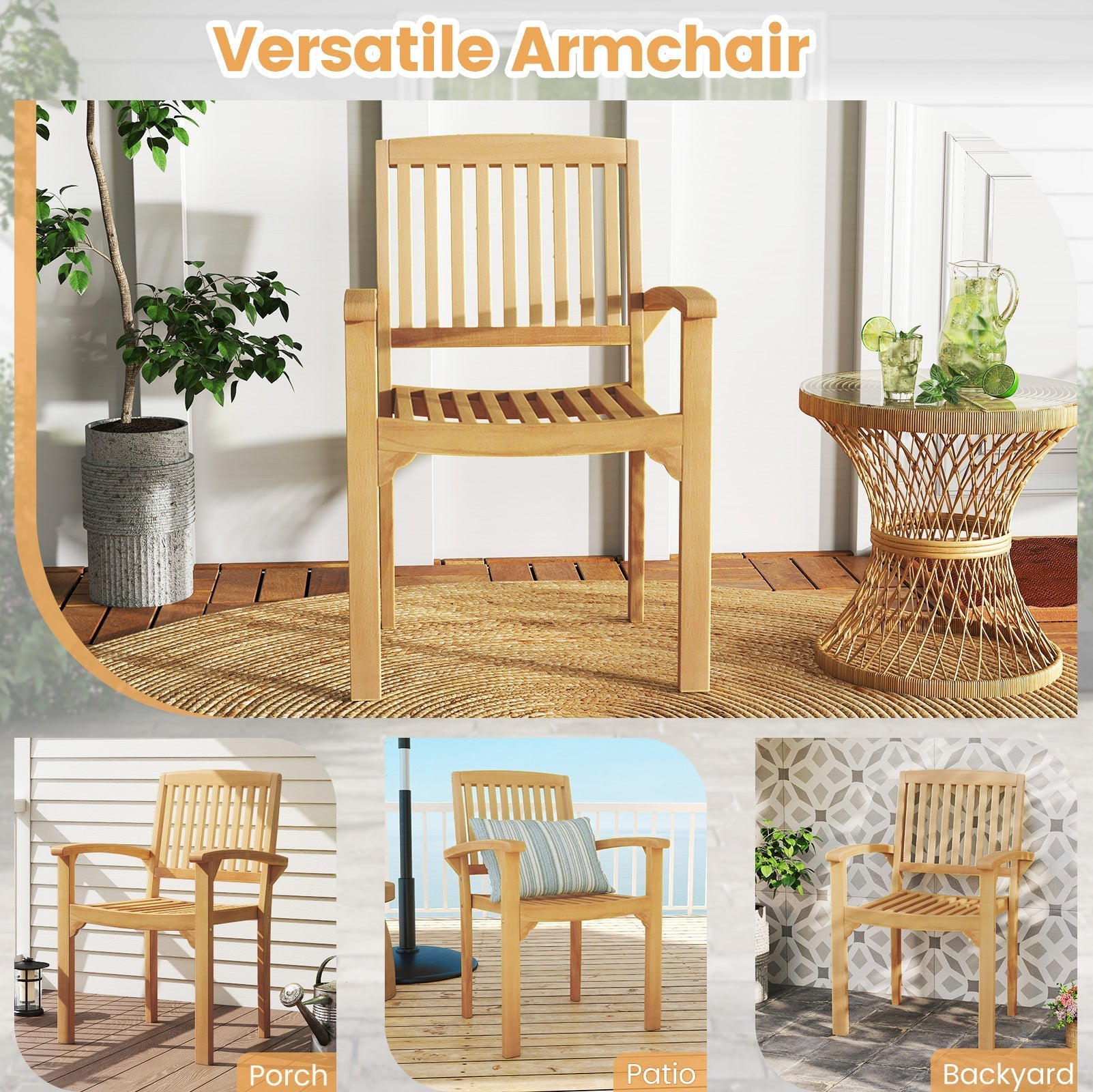 Set of 2 Outdoor Patio Chair with Slatted Seat and Curved Seat