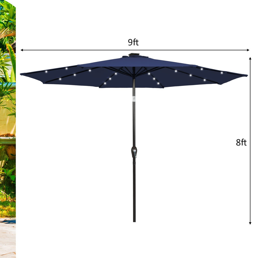 9 Feet Solar LED Lighted Patio Market Umbrella Tilt Adjustment Crank Lift
