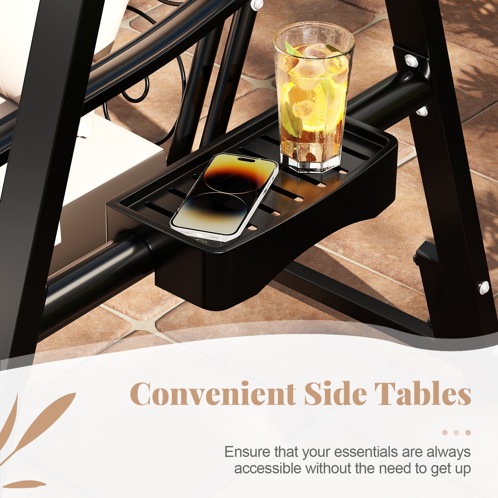 Outdoor Porch Swing with Removable Cushions and Side Tables for Garden Balcony-Black