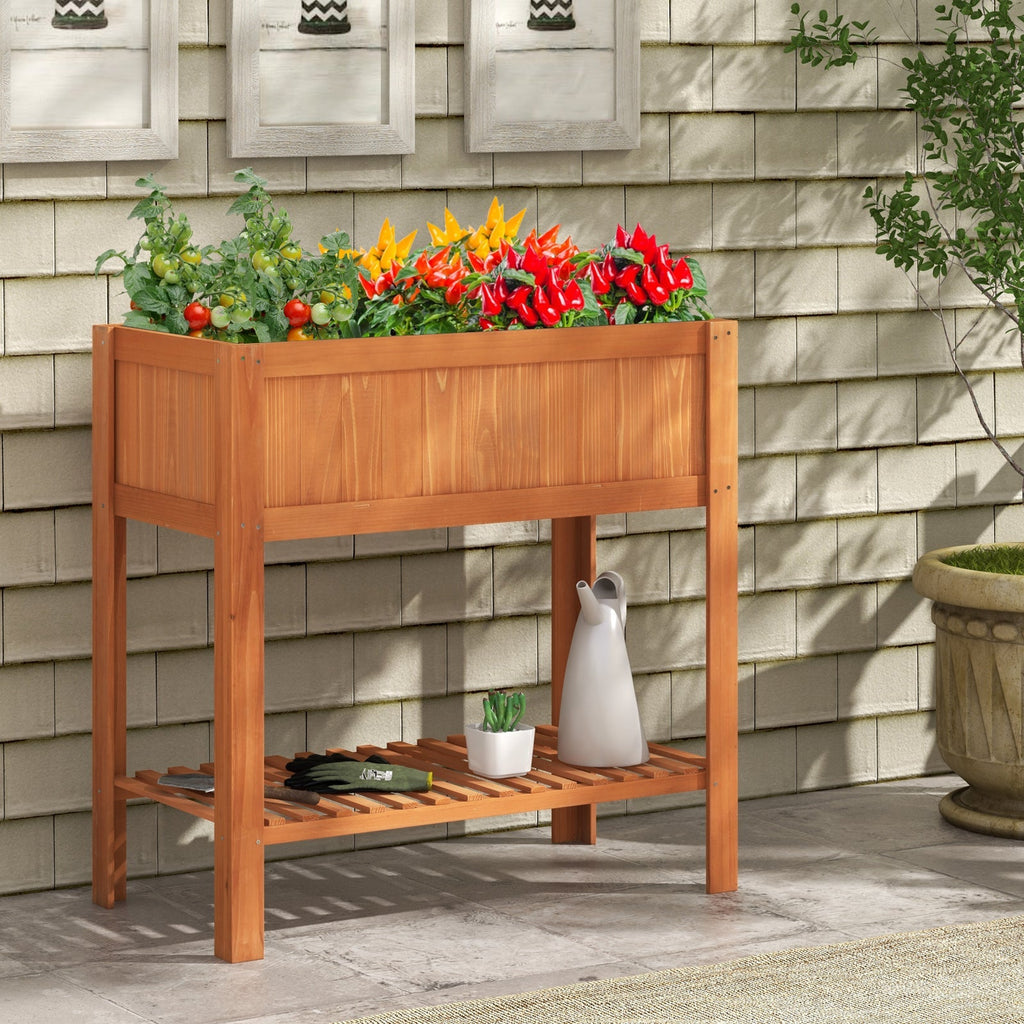 Outdoor Raised Garden Bed Fir Wood Planter Box with Bottom Storage Shelf and Protective Liner-Brown