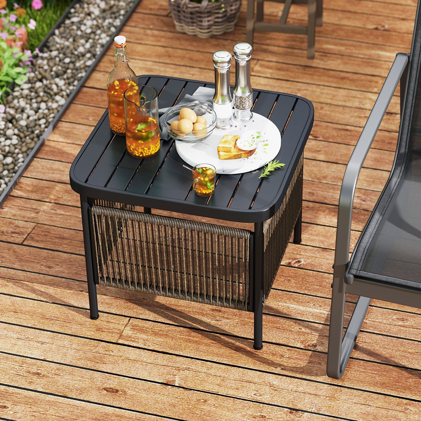 Outdoor Side Table with Umbrella Hole and Storage Shelf