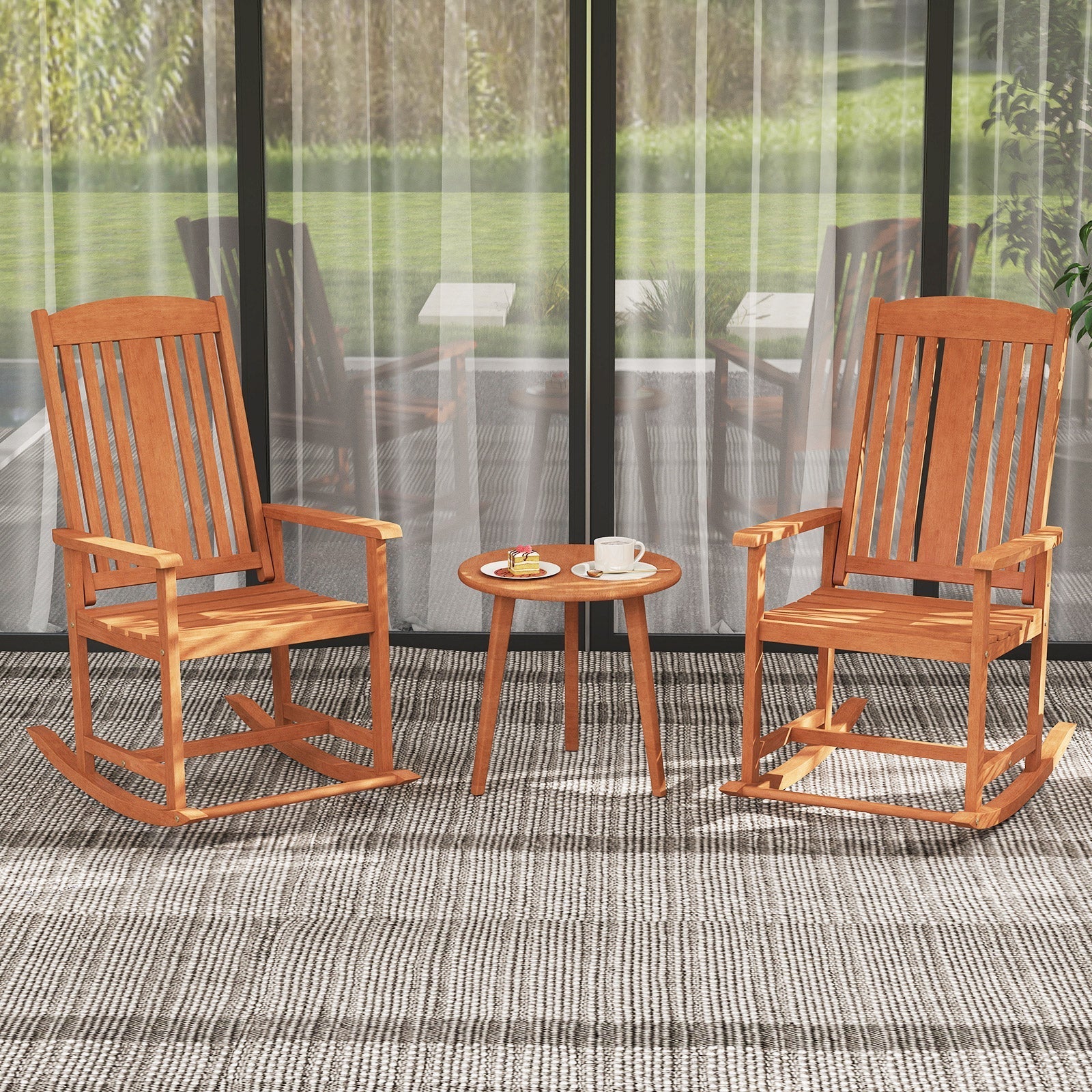 Outdoor Rocking Chair Solid Wood High Back Rocker with Slatted Seat