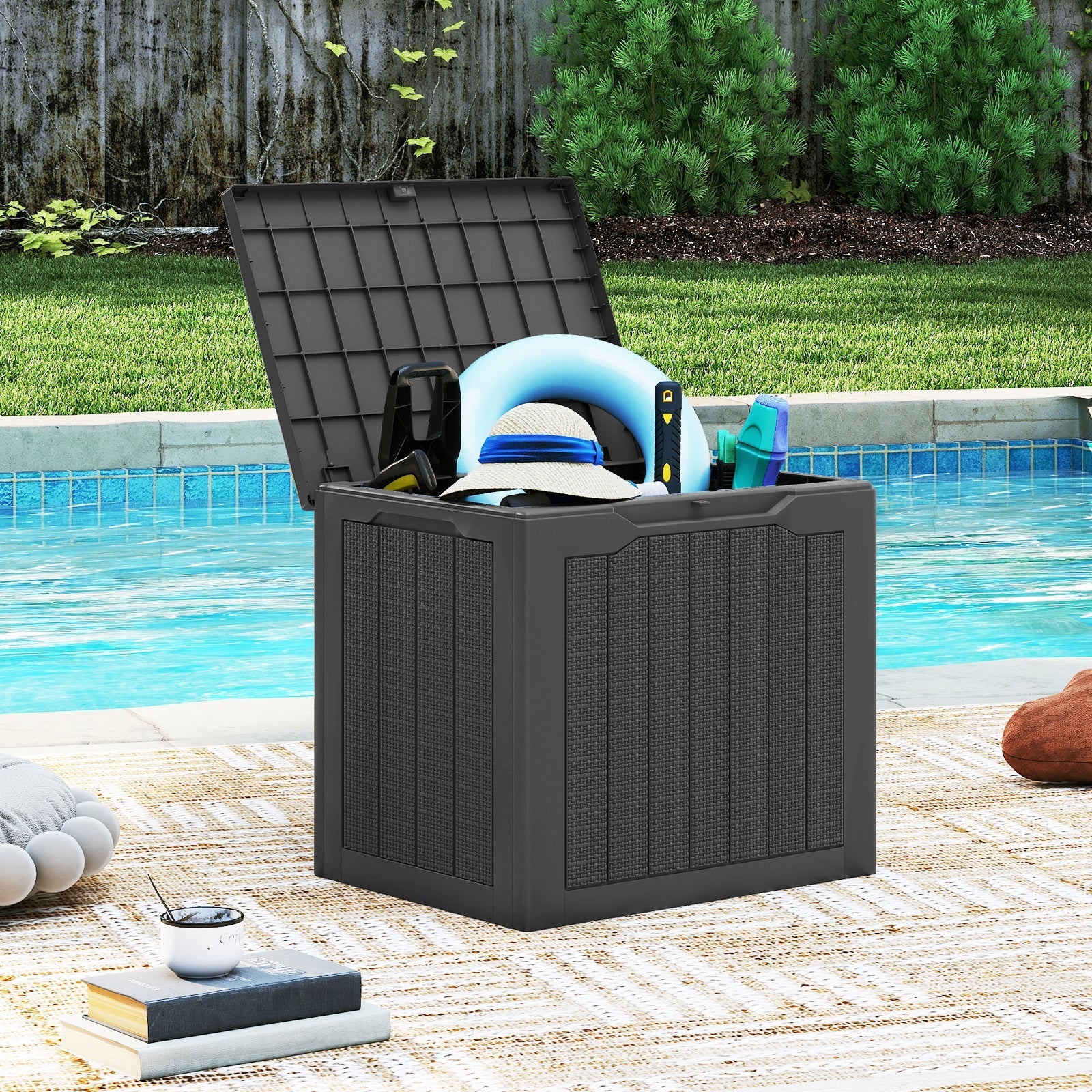 Outdoor Storage Box 25 Gallon Deck Box with Lockable Lid and Wicker-woven Texture