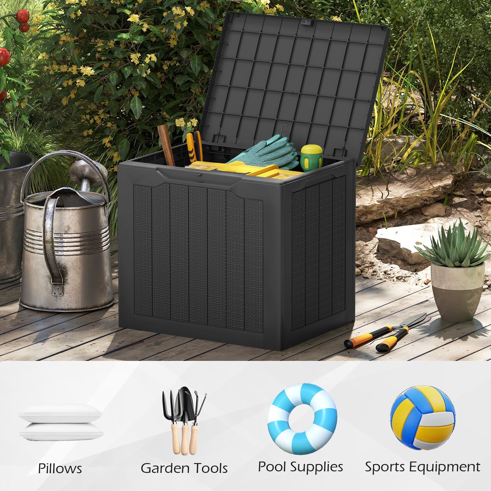 Outdoor Storage Box 25 Gallon Deck Box with Lockable Lid and Wicker-woven Texture