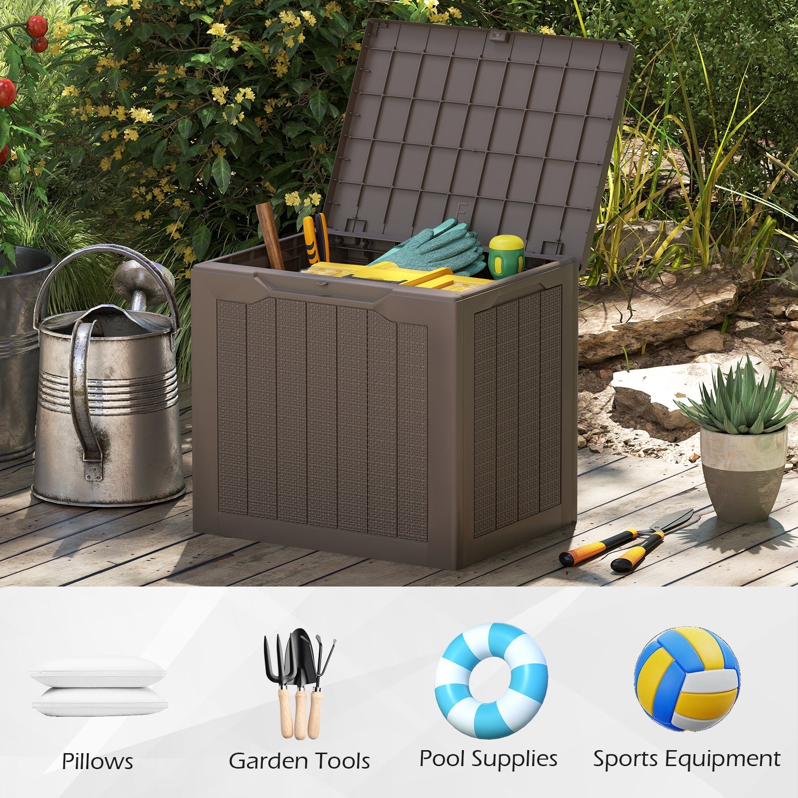 Outdoor Storage Box 25 Gallon Deck Box with Lockable Lid and Wicker-woven Texture