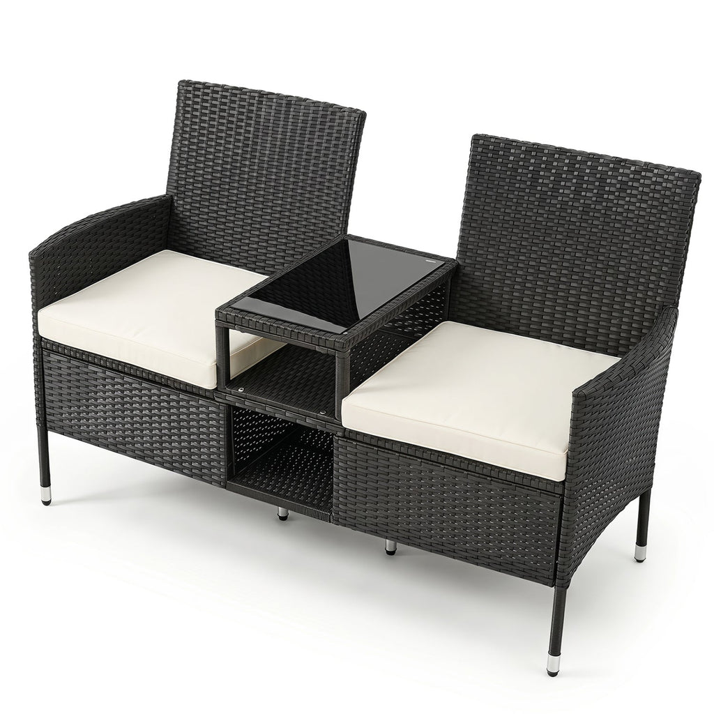 Outdoor Wicker Loveseat with Built-in Glass Side Table