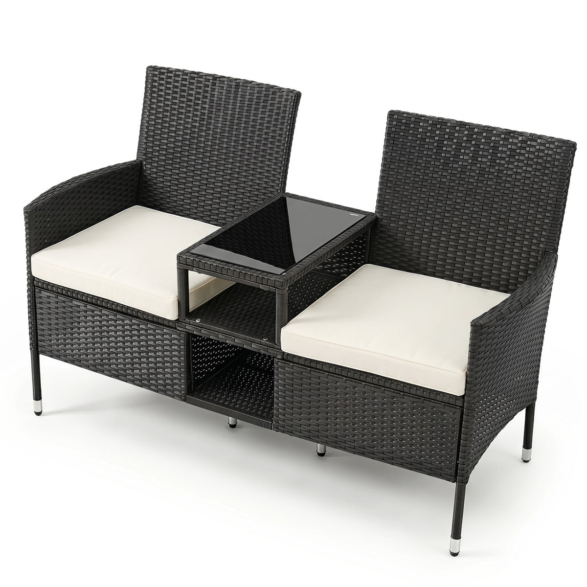 Outdoor Wicker Loveseat with Built-in Glass Side Table