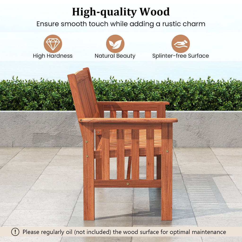 Outdoor Wood Garden Bench 2-Person Patio Park Bench with Backrest Armrests and Slatted Seat