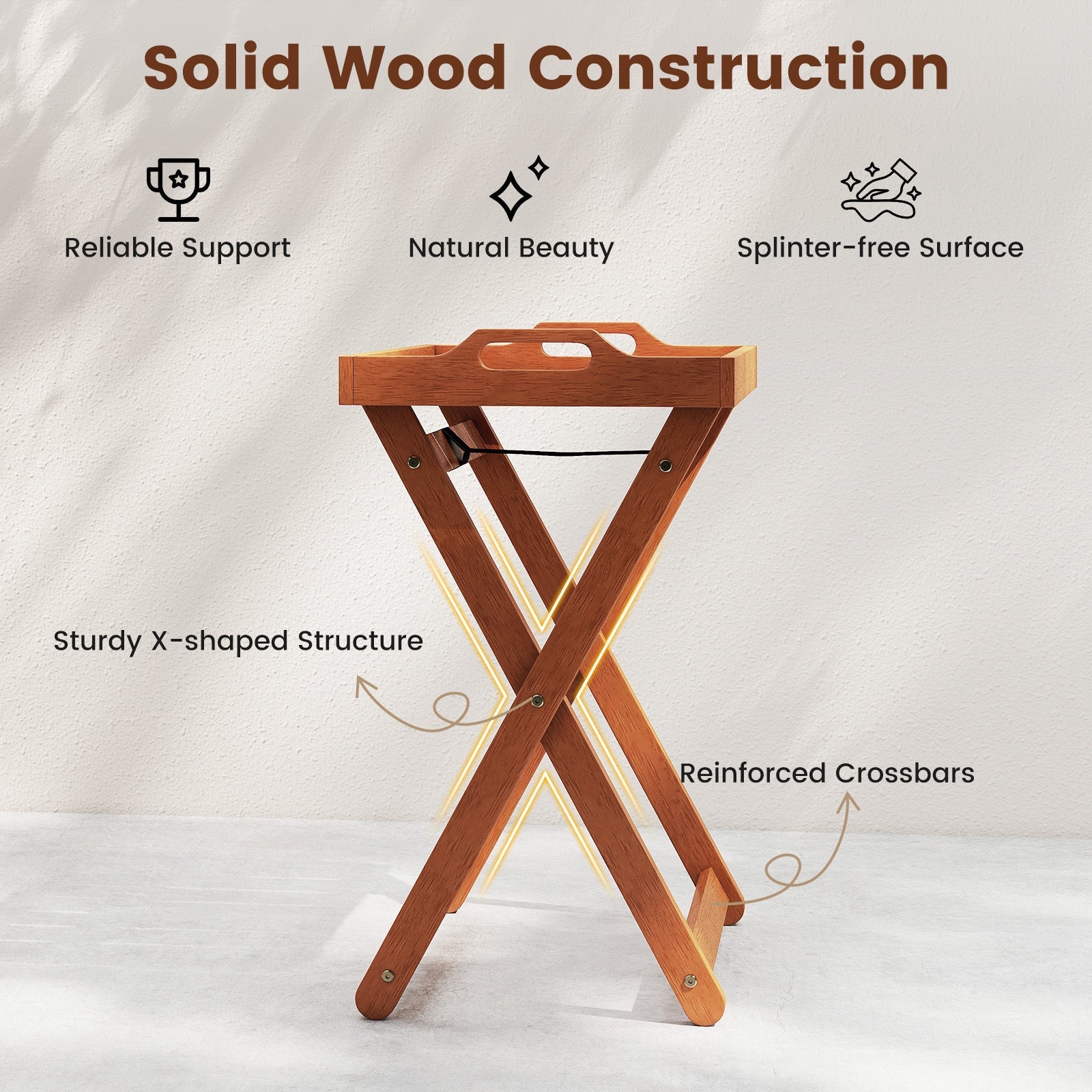 Outdoor Wood Tray Table Portable Side End Table with Folding Frame