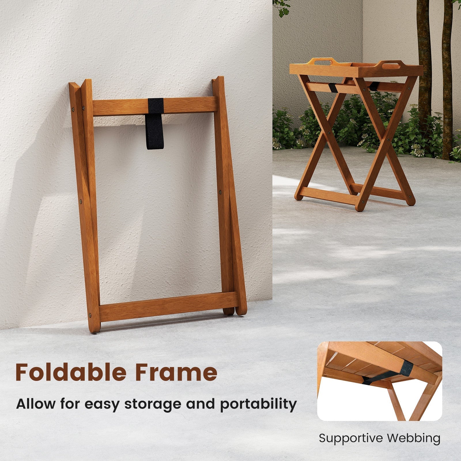 Outdoor Wood Tray Table Portable Side End Table with Folding Frame