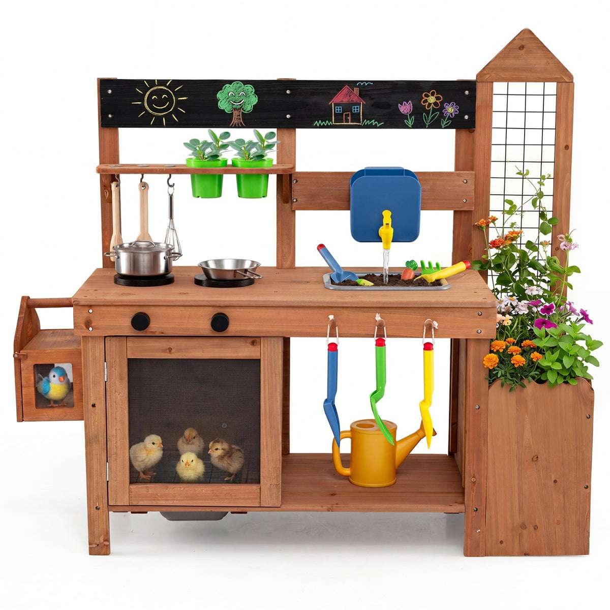 Outdoor Wooden Mud Kitchen with Planter Box and Sink