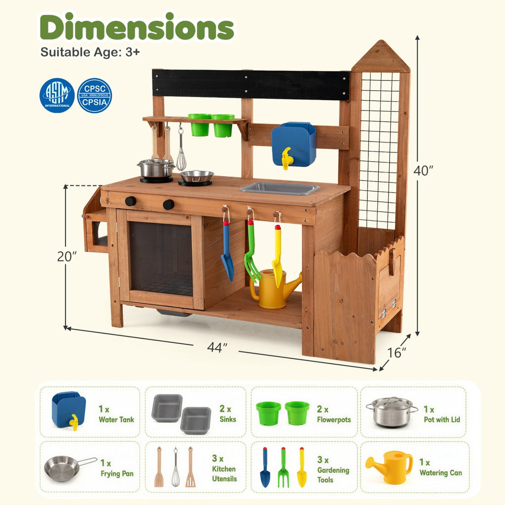 Outdoor Wooden Mud Kitchen with Planter Box and Sink