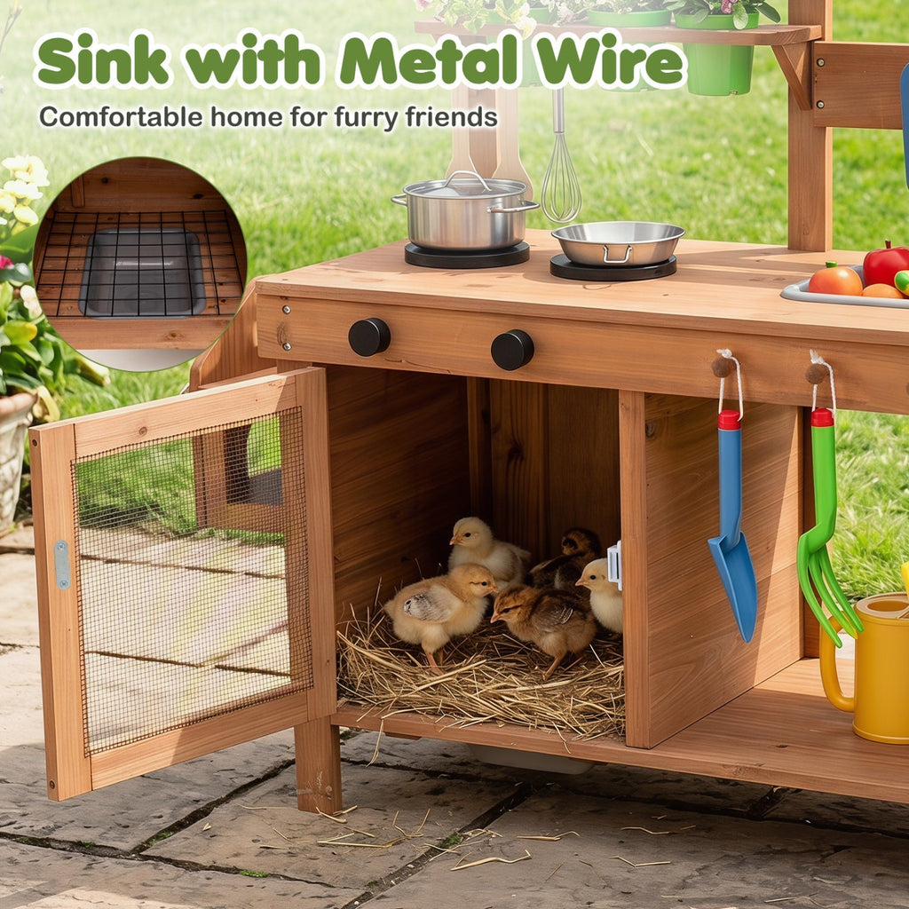 Outdoor Wooden Mud Kitchen with Planter Box and Sink