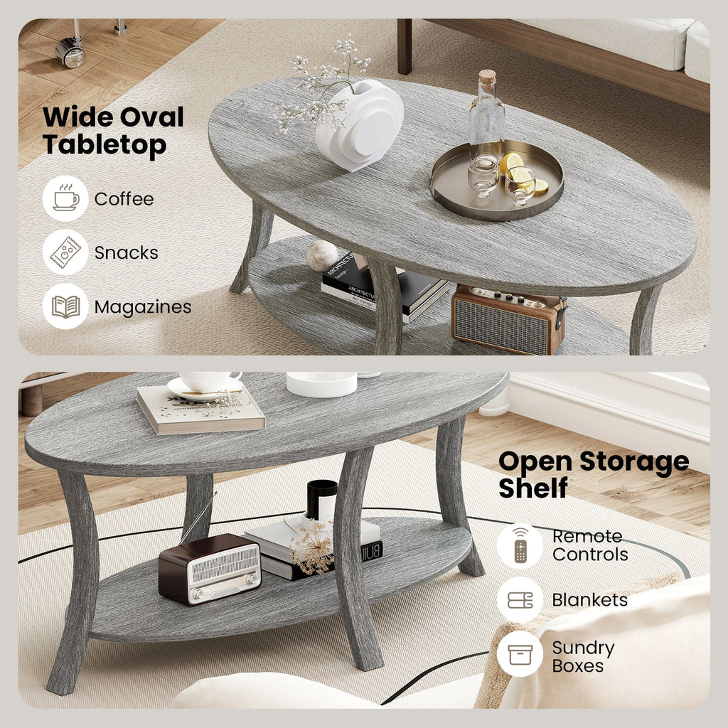 Oval Coffee Table 2-Tier Center Table with Storage Shelf-Gray