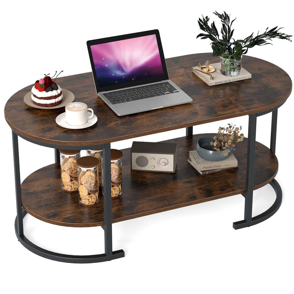 Oval Coffee Table 2-Tier Wooden Accent Table with Spacious Tabletop and Open Storage Shelf