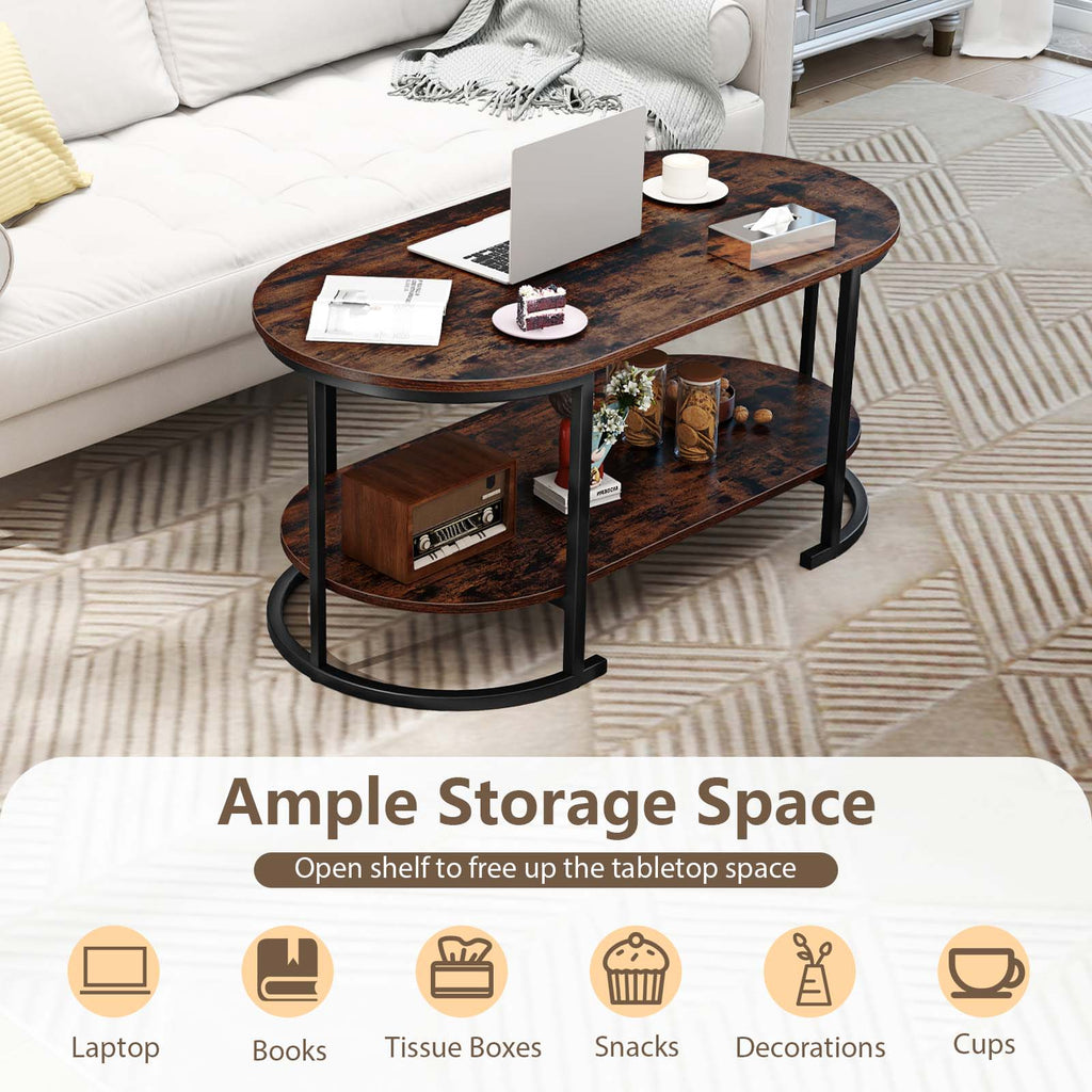Oval Coffee Table 2-Tier Wooden Accent Table with Spacious Tabletop and Open Storage Shelf