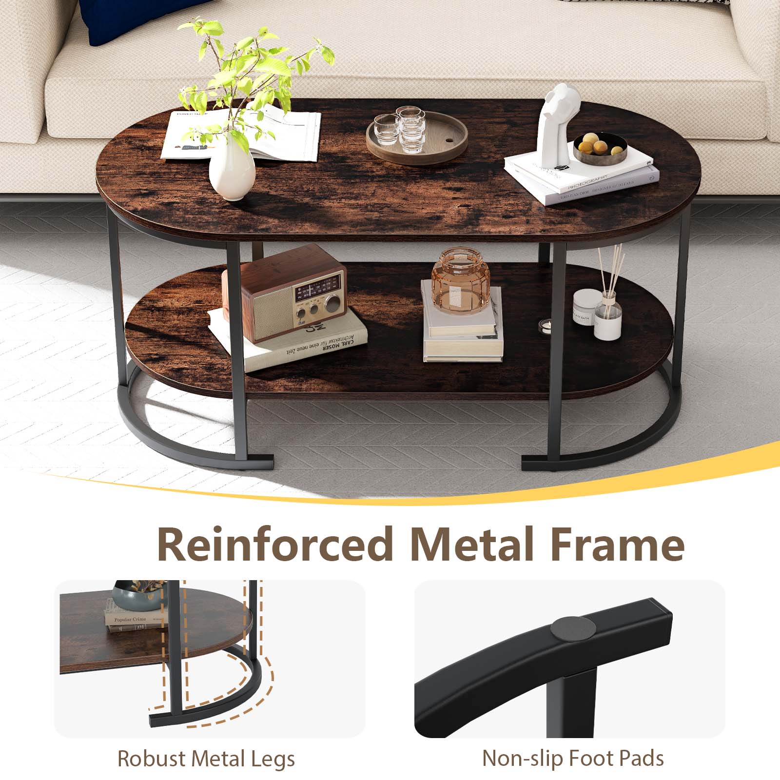 Oval Coffee Table 2-Tier Wooden Accent Table with Spacious Tabletop and Open Storage Shelf