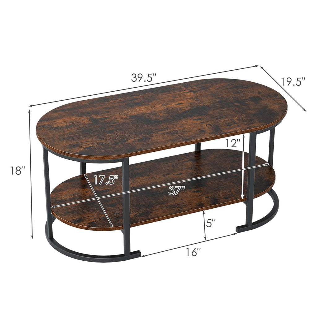 Oval Coffee Table 2-Tier Wooden Accent Table with Spacious Tabletop and Open Storage Shelf