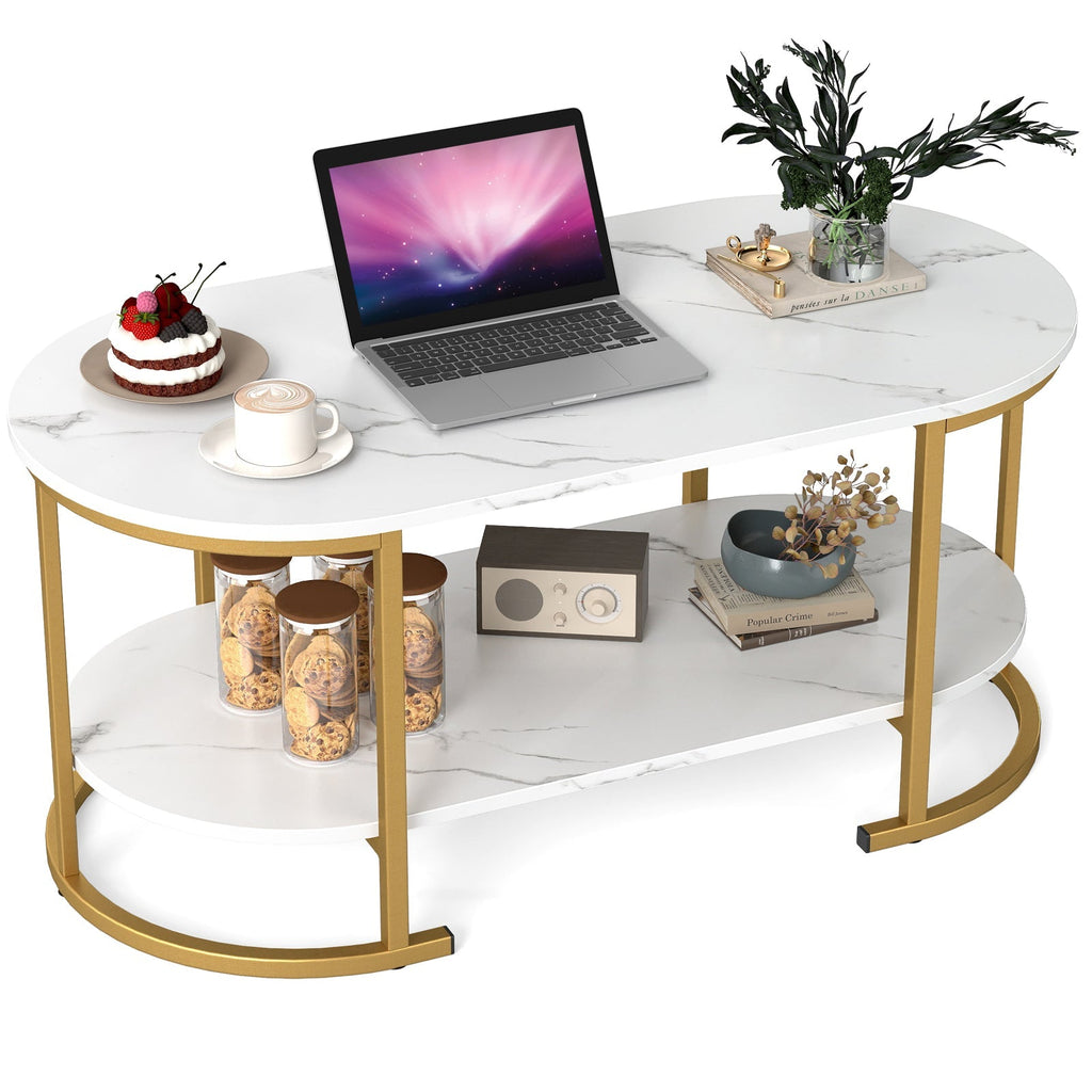 Oval Coffee Table 2-Tier Wooden Accent Table with Spacious Tabletop and Open Storage Shelf