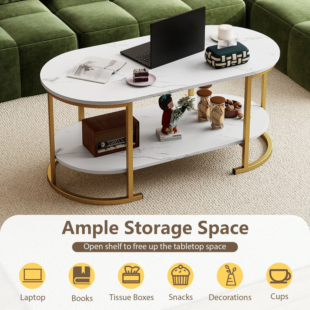 Oval Coffee Table 2-Tier Wooden Accent Table with Spacious Tabletop and Open Storage Shelf