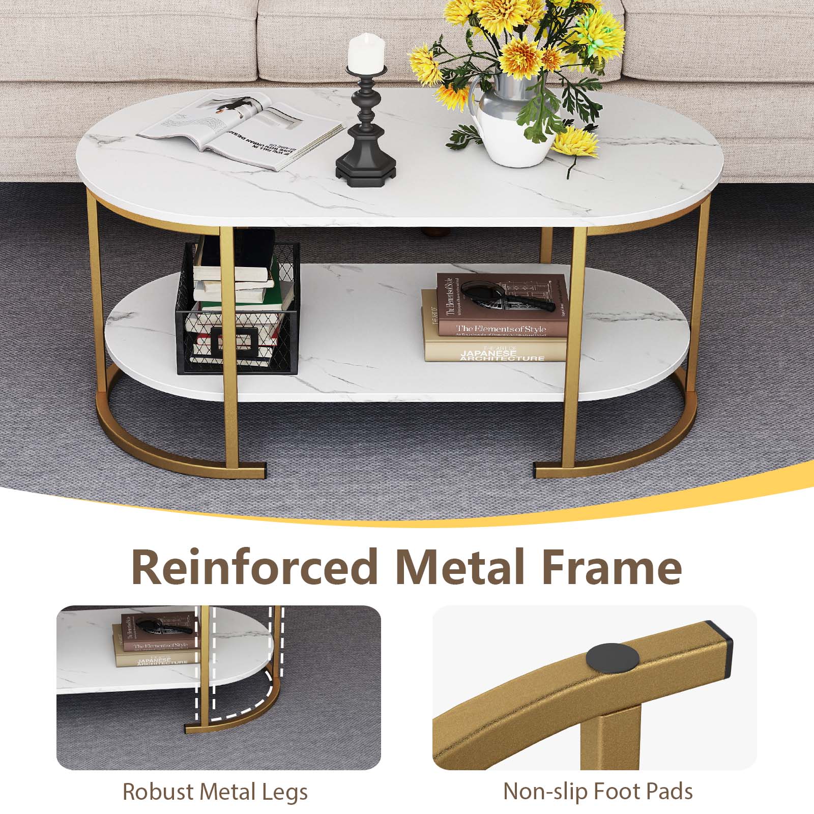 Oval Coffee Table 2-Tier Wooden Accent Table with Spacious Tabletop and Open Storage Shelf