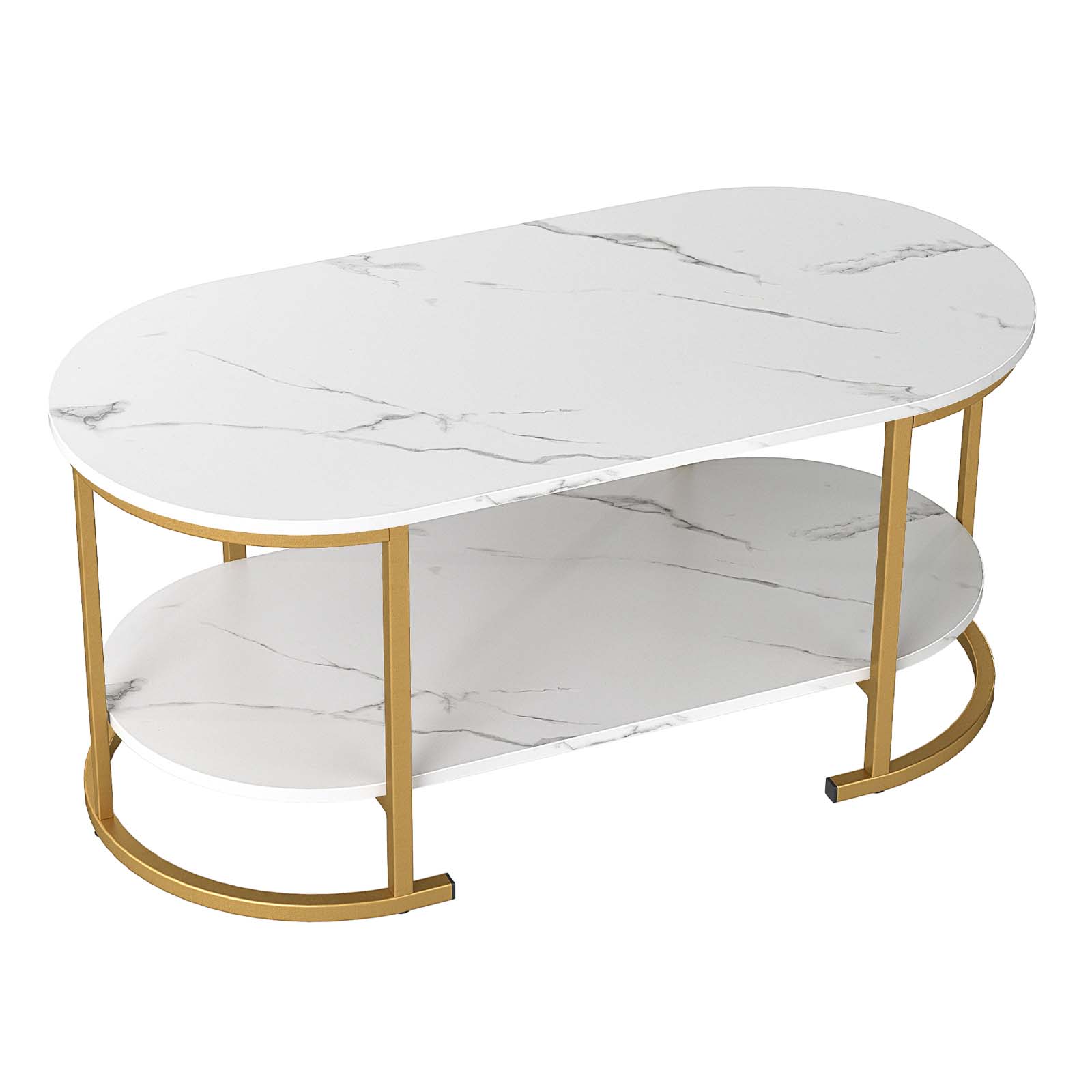 Oval Coffee Table 2-Tier Wooden Accent Table with Spacious Tabletop and Open Storage Shelf