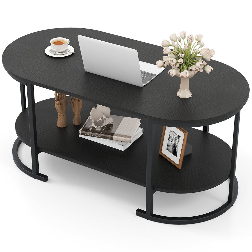Oval Coffee Table 2-Tier Wooden Accent Table with Spacious Tabletop and Open Storage Shelf