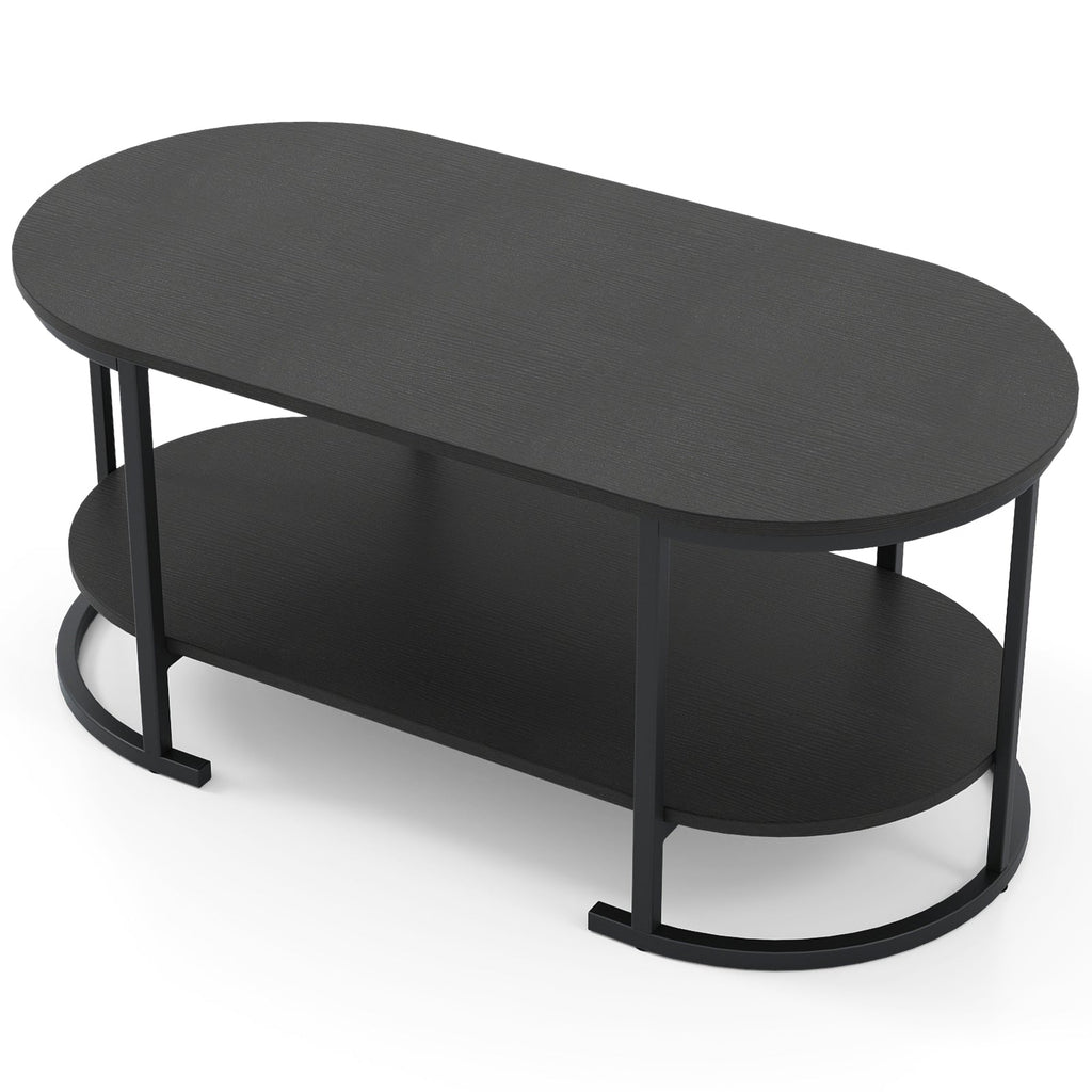 Oval Coffee Table 2-Tier Wooden Accent Table with Spacious Tabletop and Open Storage Shelf